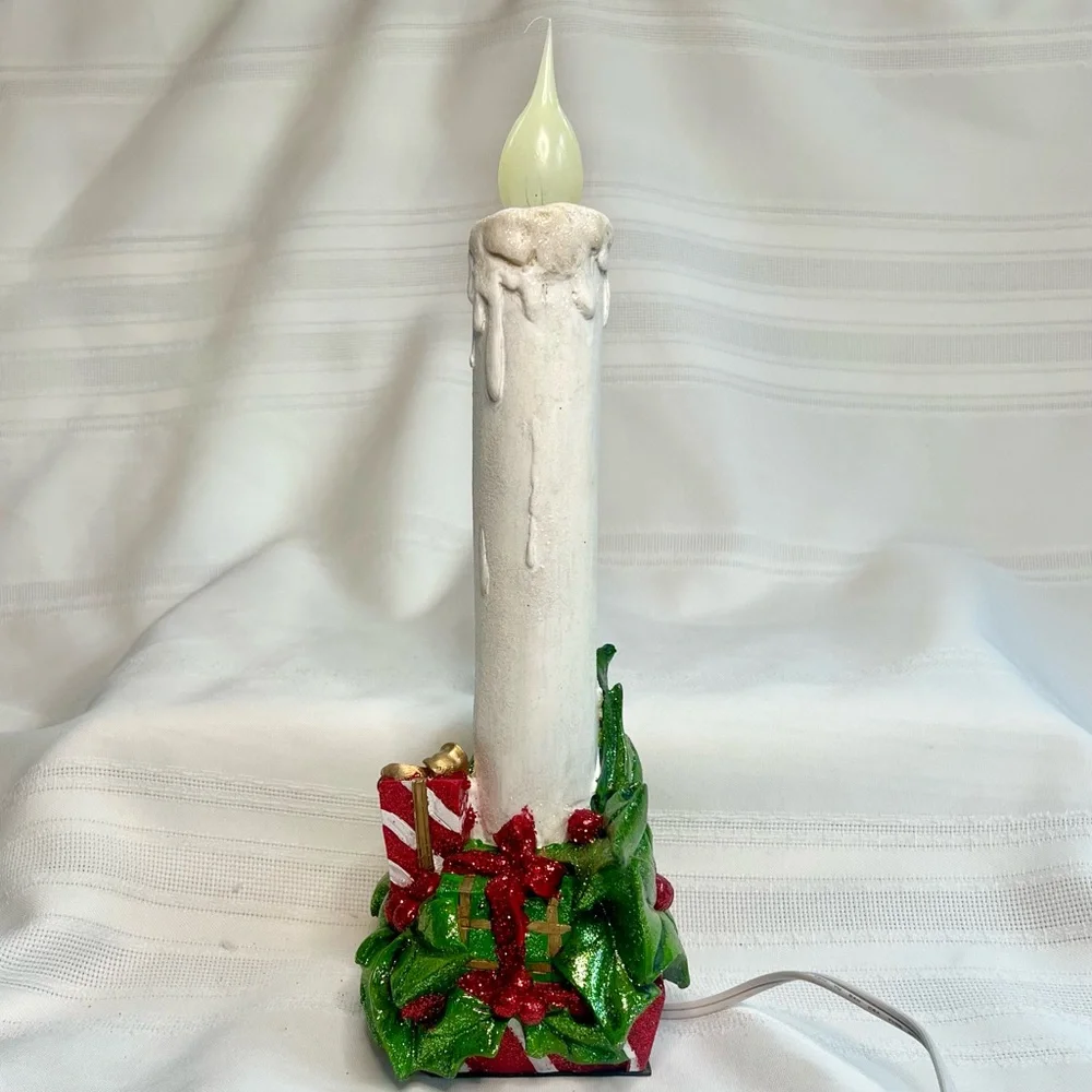 Vintage LED Candle‎ Lamp Corded Electric Glittery Holly Berries Gift Boxes